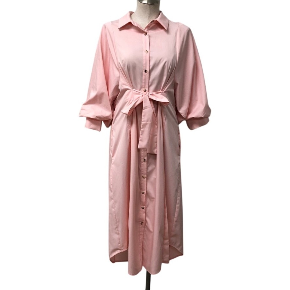 Entro Shirt Dress Womens Medium Pink Tie Waist Puff Sleeve Midi Boho Coquette